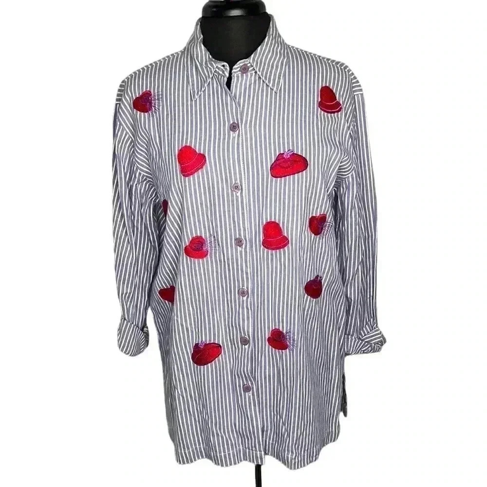 Willow Ridge Red Hat Society Striped Button Front Size L